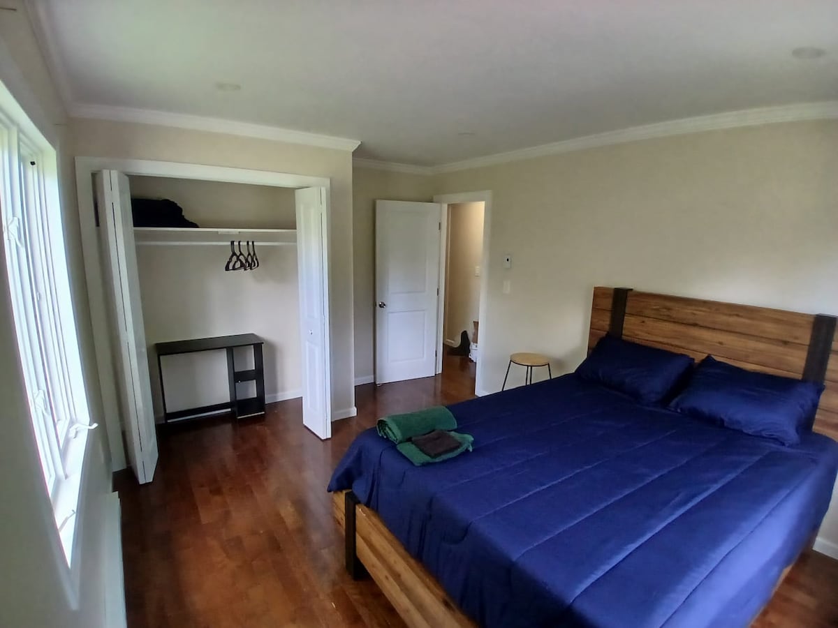 A bright bedroom features a spacious bed with a navy blue comforter. A wooden headboard complements the warm wooden flooring. A closet with hangers is visible, along with a small table beside the bed. Natural light enters through two windows, enhancing the room's ambiance.