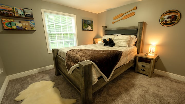 Queen bedroom closet and TV