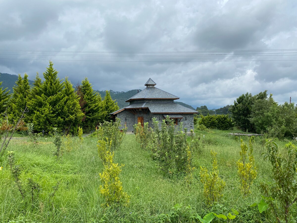 A peaceful house is surrounded by tall grasses and vibrant greenery. The structure features a distinctive roof with a central peak. A variety of trees line the property, and mountains can be seen in the background under a cloudy sky.
