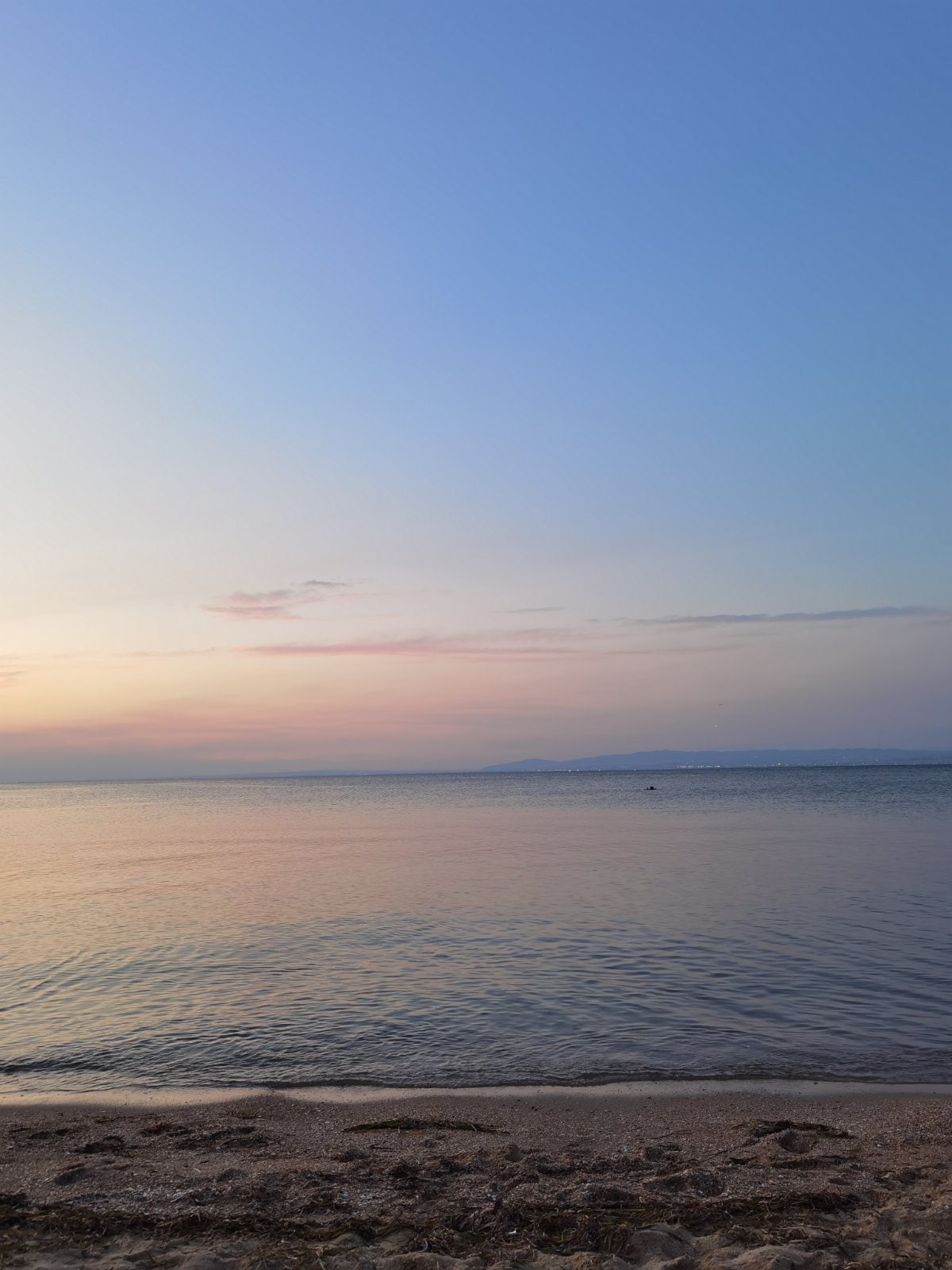 The serene coastline is depicted at twilight, with soft pastel hues of blue and pink reflecting over the calm water's surface. The gentle waves lap against the sandy shore, creating a tranquil atmosphere. The distant land is barely visible on the horizon.