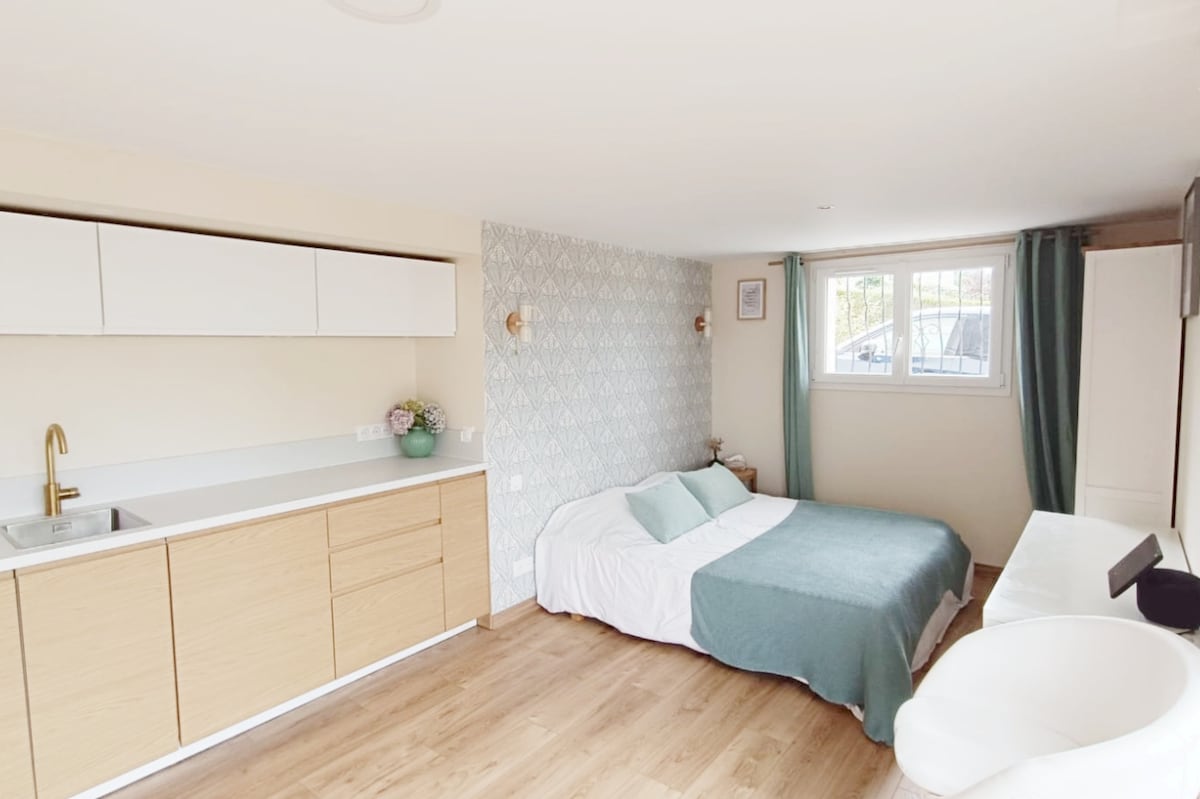 A spacious studio is depicted, featuring a comfortable bed dressed in muted colors. A kitchenette occupies one side of the room, with minimal cabinetry and a sink. A large window allows natural light to enter, complemented by soft curtains. Decorative elements are subtly integrated into the design.