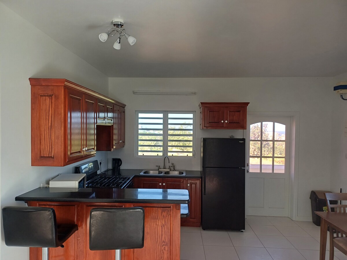 A well-equipped kitchen features wooden cabinetry and a spacious countertop. An electric stove, sink, and refrigerator are included. Natural light enters through a window above the sink, while a door leads to an outside area. Two black bar stools are positioned at the counter.
