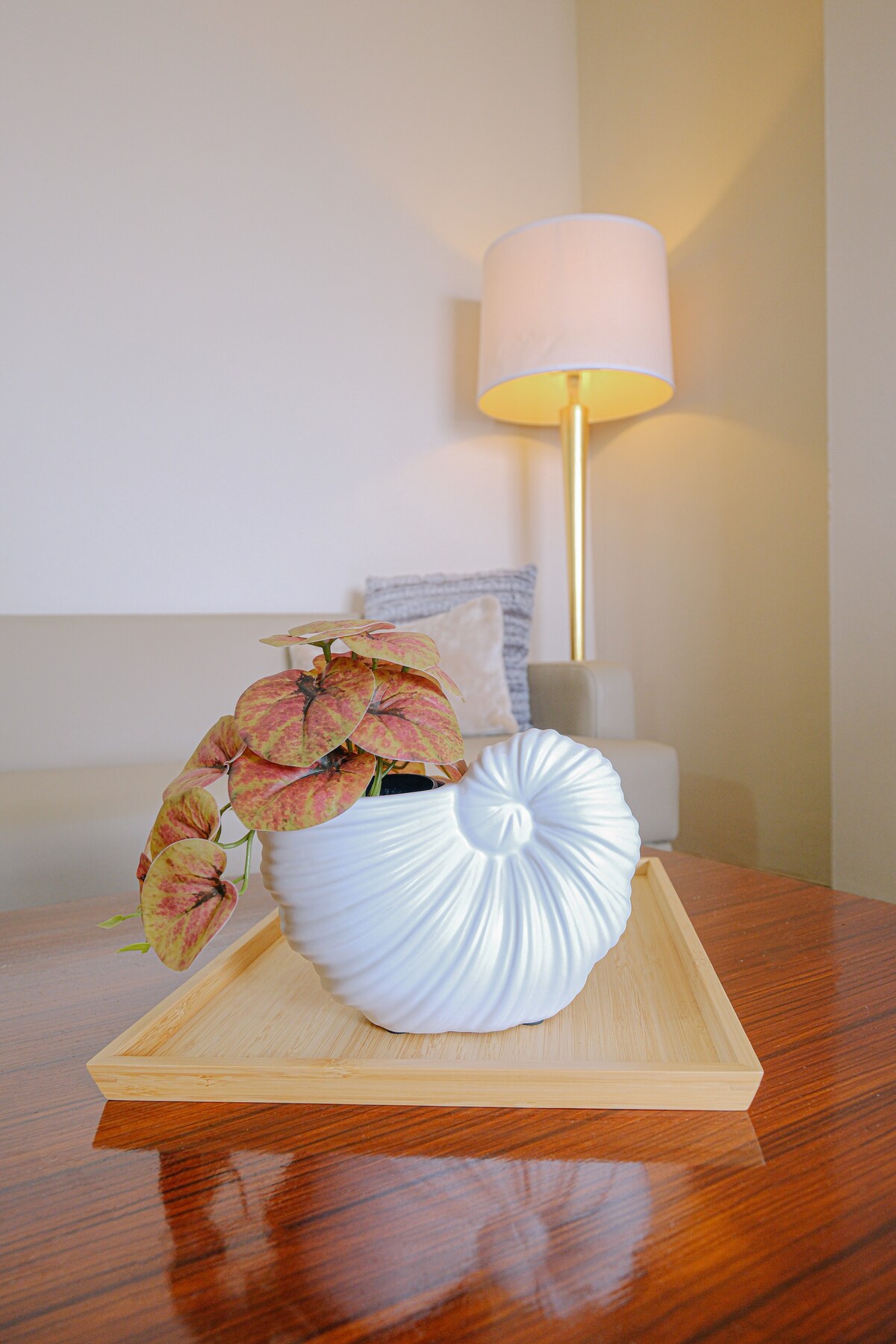 A decorative plant is positioned in a white, shell-shaped pot on a wooden serving tray. A softly glowing lamp in the background adds a gentle light to the contemporary space, enhancing its warmth.