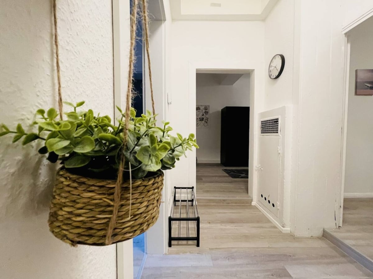 A hallway is depicted, featuring a hanging plant in a woven basket. The space is illuminated by natural light, leading to a doorway that provides glimpses of the adjacent rooms. A wall clock is mounted near the entrance, and a small storage rack is positioned on the floor.