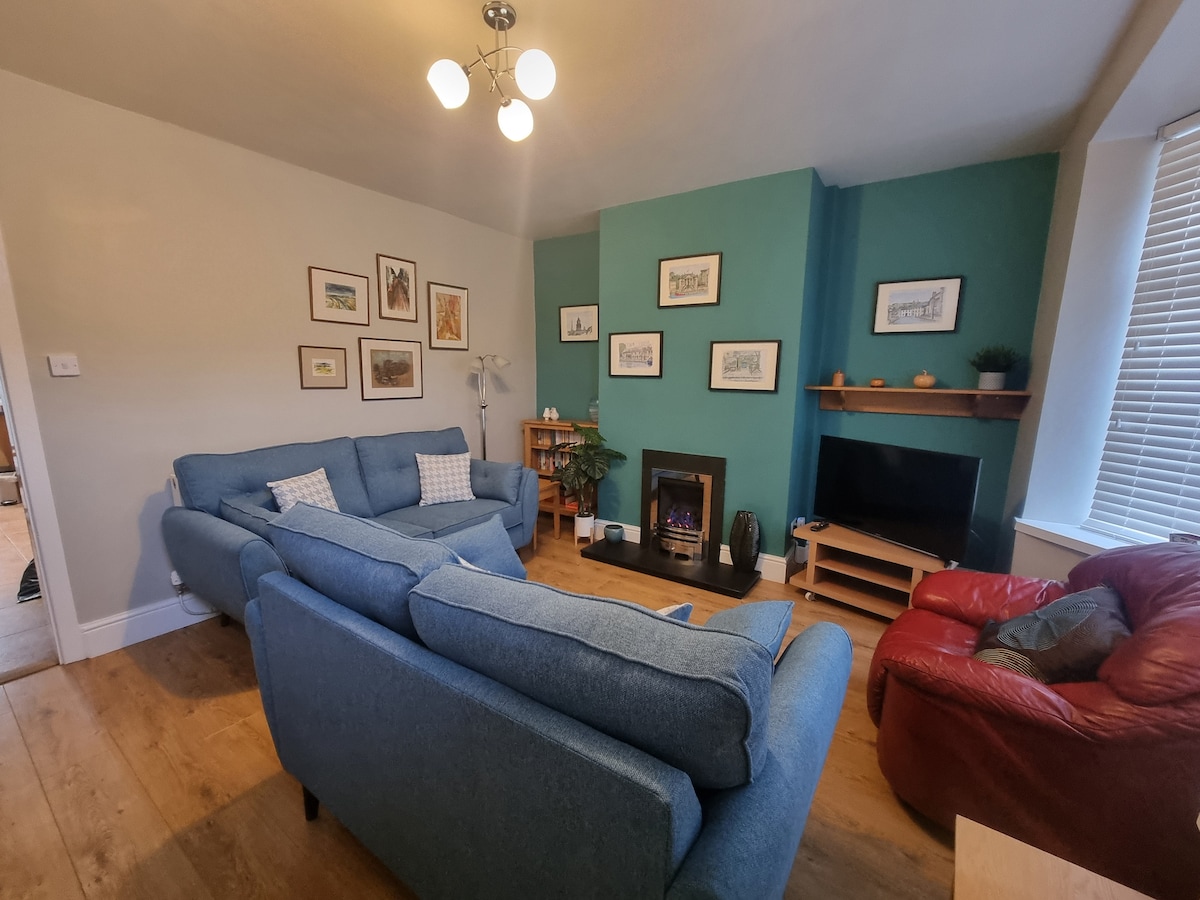 A comfortable living area features a blue sofa and a red armchair, positioned around a wall-mounted TV and a gas fire. Artwork adorns the walls, while a lamp and indoor plants add to the relaxed ambiance. Natural light filters in through the window.