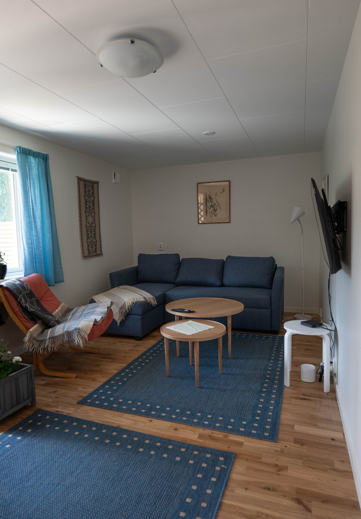 A bright living area features a blue sectional sofa and two circular wooden tables, complemented by a patterned area rug. Natural light enters through a window adorned with sheer curtains. A floor lamp and a decorative wall piece add subtle touches to the space.