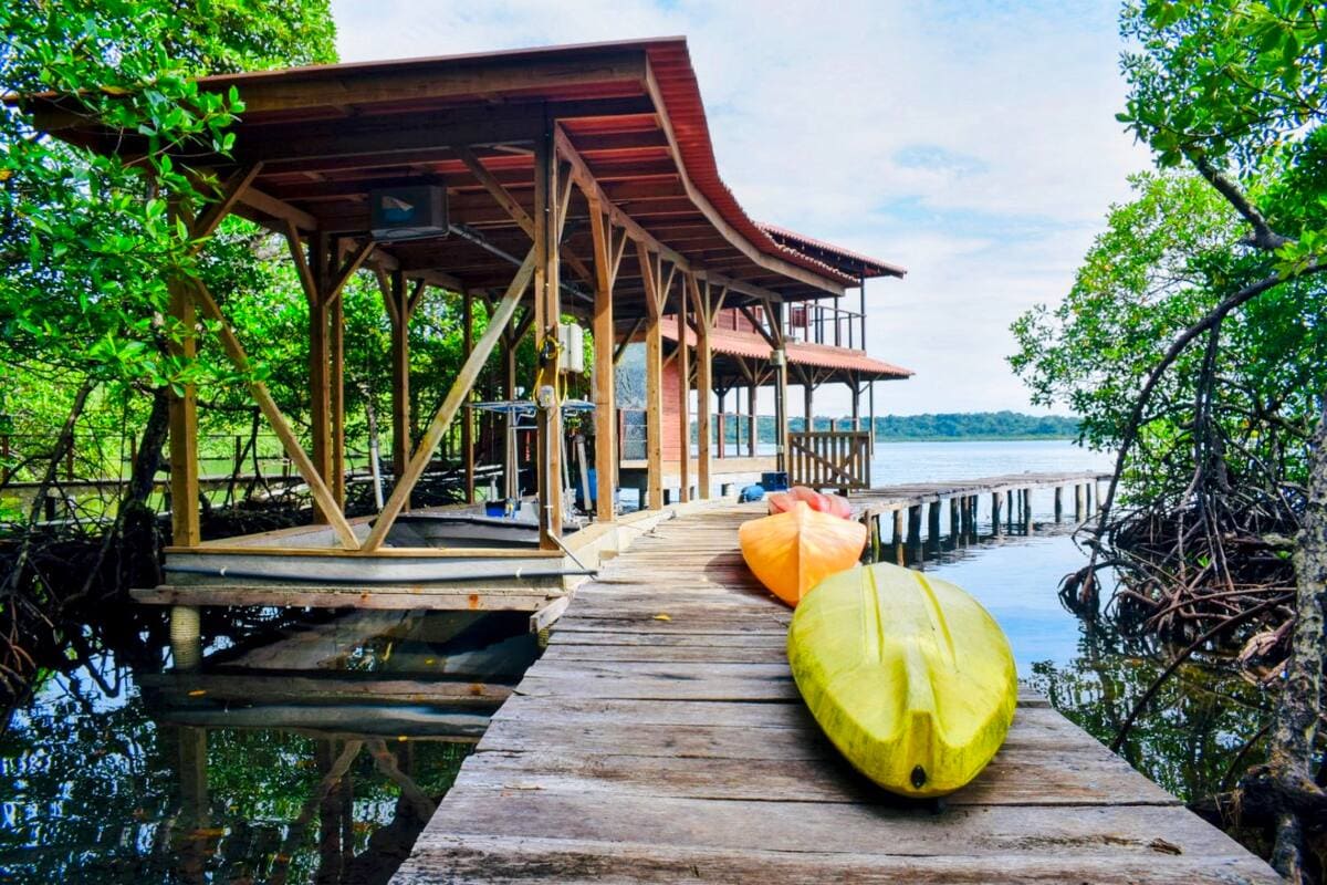 A wooden dock extends over the water, leading to an open-air structure with a gently sloped roof. Two kayaks in vibrant colors rest alongside the dock, surrounded by lush green mangroves and calm water, with a distant view of the shoreline.