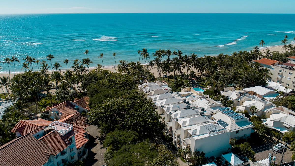 An aerial view captures the spacious coastline with gentle waves lapping against a sandy beach. Lush palm trees line the shore, while a collection of buildings with flat roofs and varying colors is positioned just inland. The vibrant ocean stretches out towards the horizon.