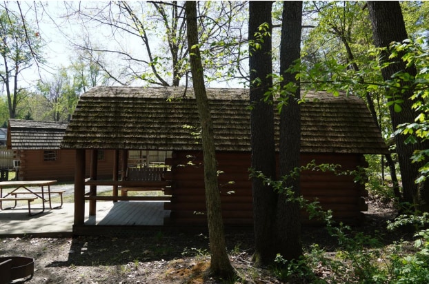 A rustic cabin with a wooden exterior and a distinctive thatched roof is surrounded by trees. A small porch with steps stands in front, and a picnic table is positioned nearby, inviting guests to enjoy outdoor meals in a natural setting.