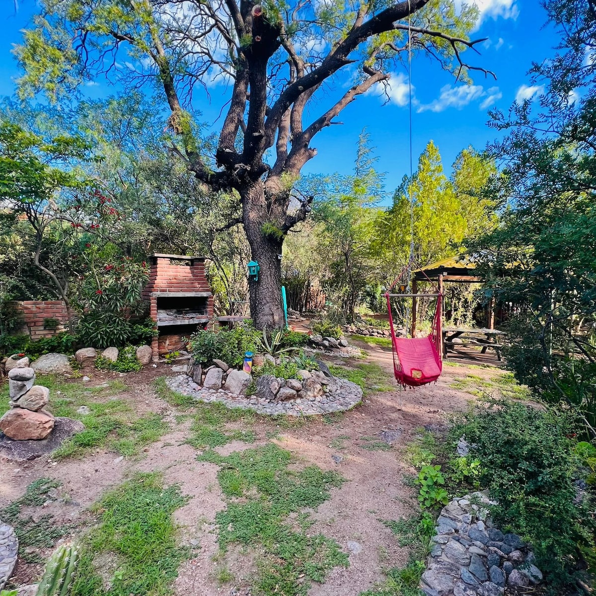 A serene outdoor space is surrounded by lush greenery and features a large tree with a vibrant red swing. A stone path leads to a rustic barbecue area, and a shaded seating spot is visible in the background, inviting relaxation amid nature.