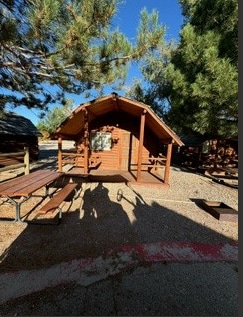 A rustic cabin is featured under the shade of tall pine trees. Outdoor seating is provided at a long picnic table, paired with benches. The cabin's wooden structure displays a classic A-frame shape, blending harmoniously with the natural surroundings.