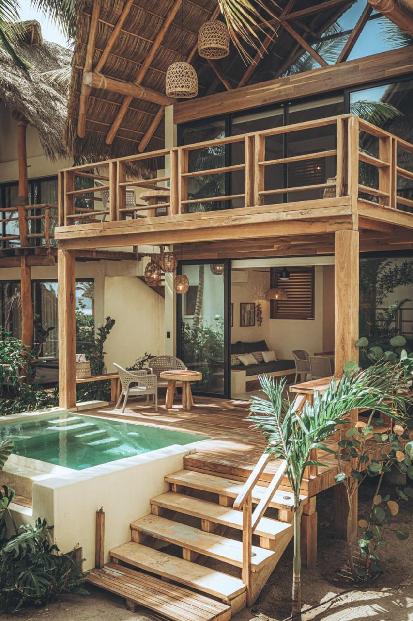 A two-story structure features natural wood elements and a thatched roof. A private plunge pool is surrounded by wooden decking and steps, leading to a cozy seating area. Large glass doors invite light into the indoor space, while greenery enhances the tranquil setting.