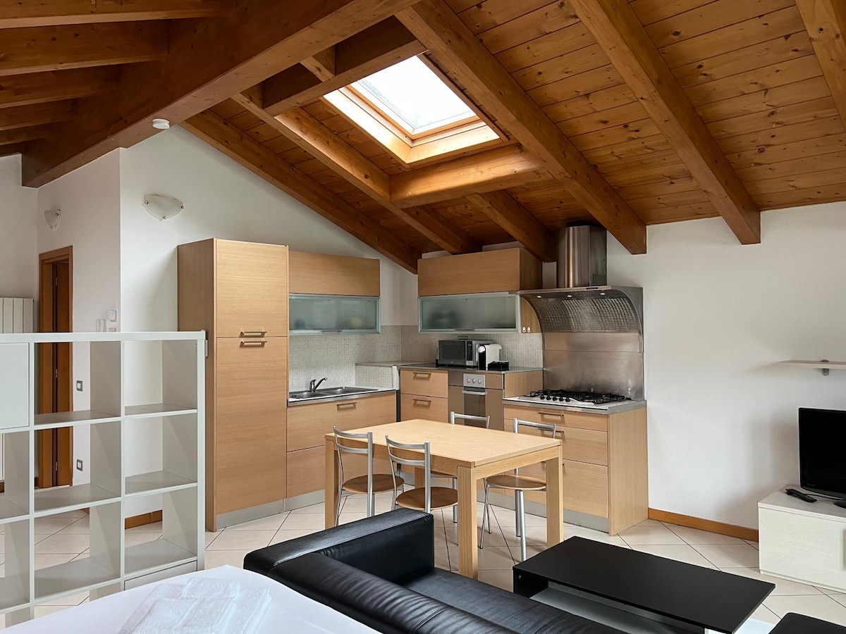 An open-space apartment features a wooden ceiling with skylights, enhancing natural light. A compact kitchen with modern appliances, including a microwave, is visible next to a dining table with four chairs. A seating area with a sofa and television is also included.