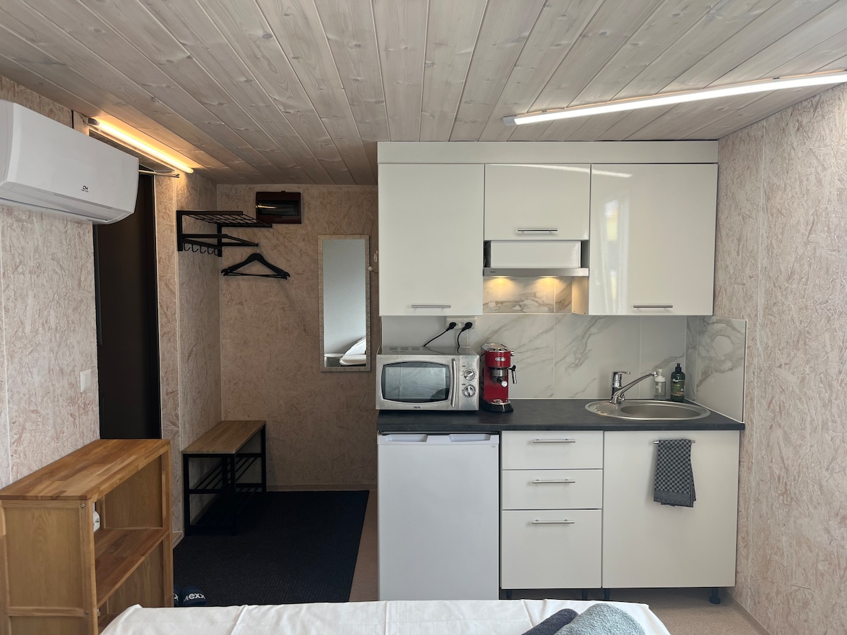 The compact kitchen area features modern cabinetry and essential appliances, including a microwave and refrigerator. A seating area with a bench is visible, along with a coat rack and mirror. The room is bathed in natural light, creating a bright and functional space.