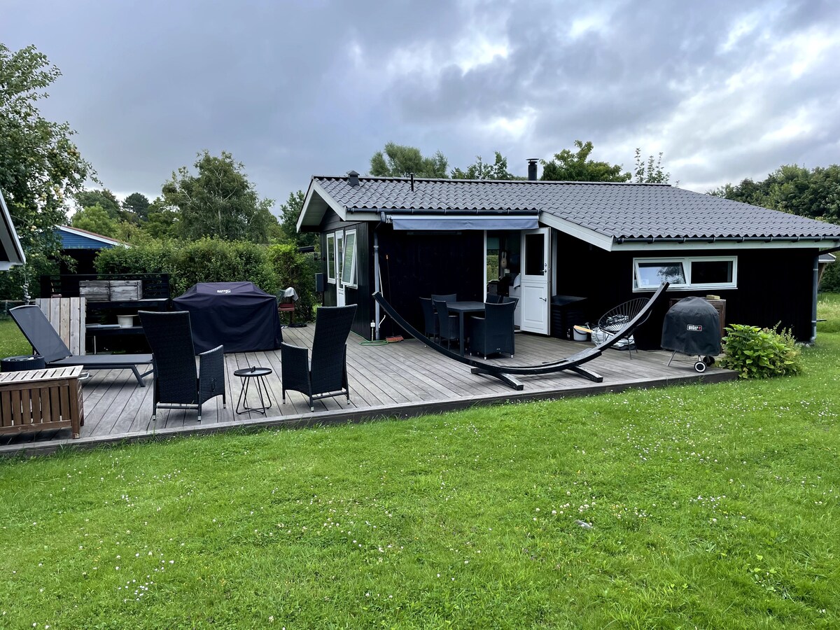 A spacious wooden terrace is shown with a grassy lawn stretching outwards. Outdoor seating is arranged, including a dining table and a lounge area with sunbeds. The summer house, featuring a dark exterior, has a welcoming entrance and a chimney, surrounded by greenery.