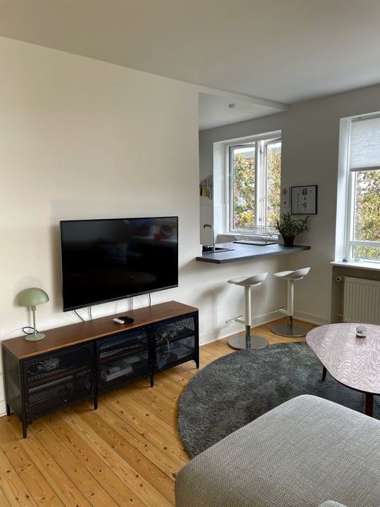 A cozy living area features a modern television mounted on a light-colored wall. A low coffee table rests on a circular rug, complemented by a plush sofa. Barstools are positioned at a small kitchen countertop in the background, with natural light filtering in through the nearby windows.