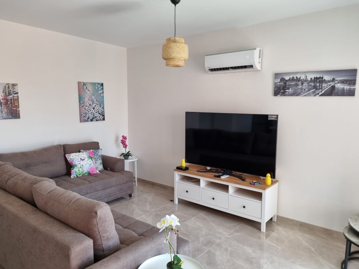 A spacious living area features two comfortable sofas adorned with decorative pillows. A large flat-screen television is mounted on a white cabinet, with a small plant and decorative items displayed on the table nearby. Light from a ceiling fixture provides a warm ambiance.