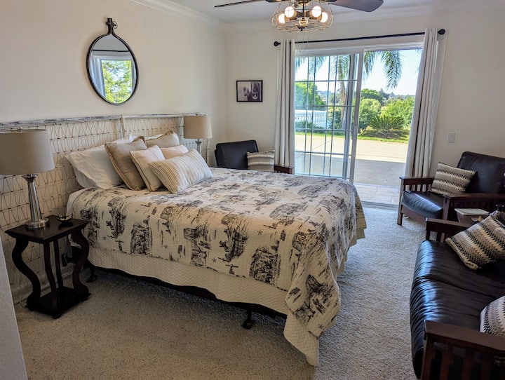 The cowboy room is a hit, with a queen sized bed, couch and chairs, private exterior and interior entrance, and an ensuite. 