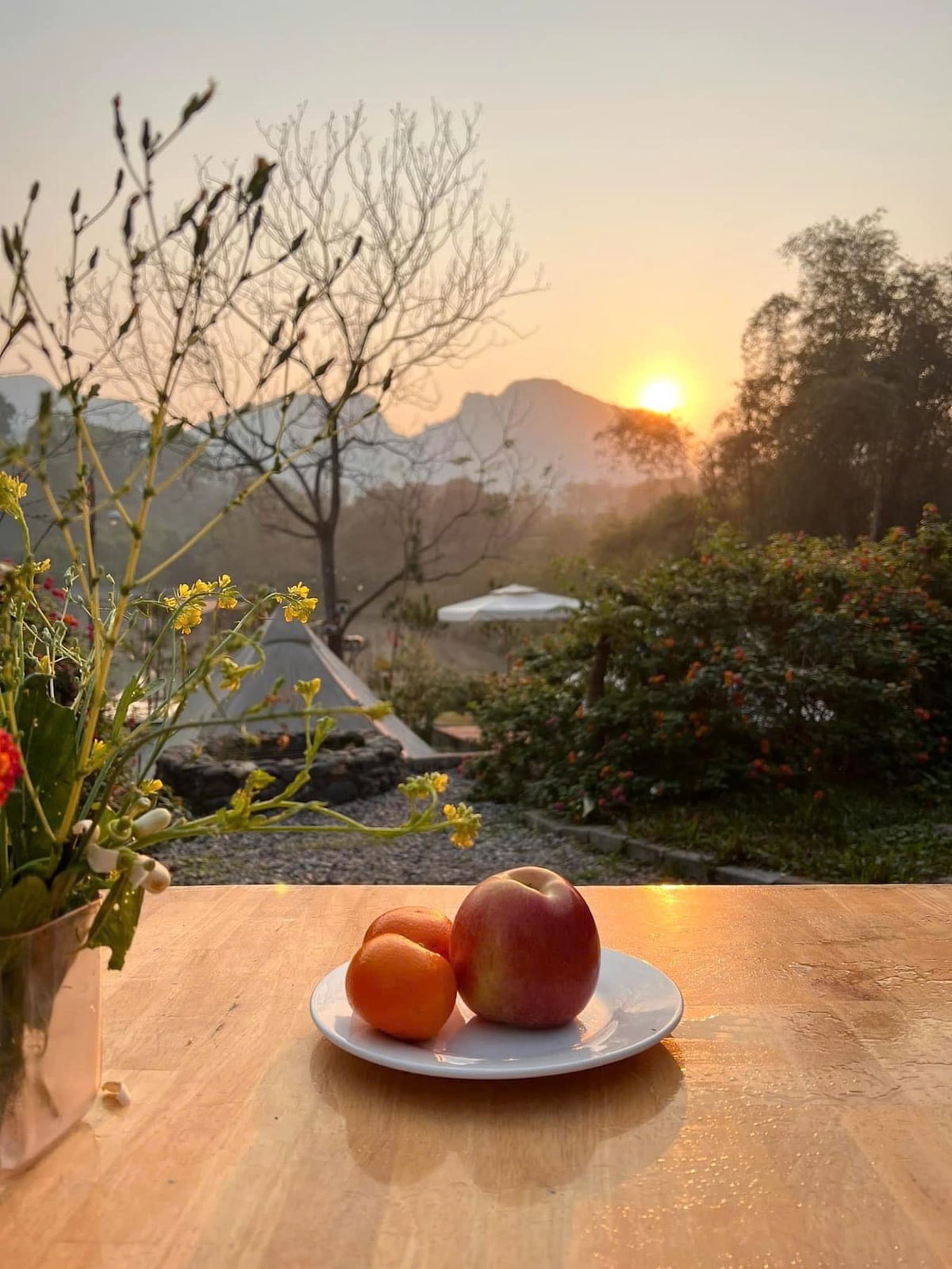 A wooden table is set with a plate of fresh fruits, including an apple and oranges. In the background, a serene landscape is visible, featuring distant mountains and greenery at sunset, with soft hues of orange and pink illuminating the sky.