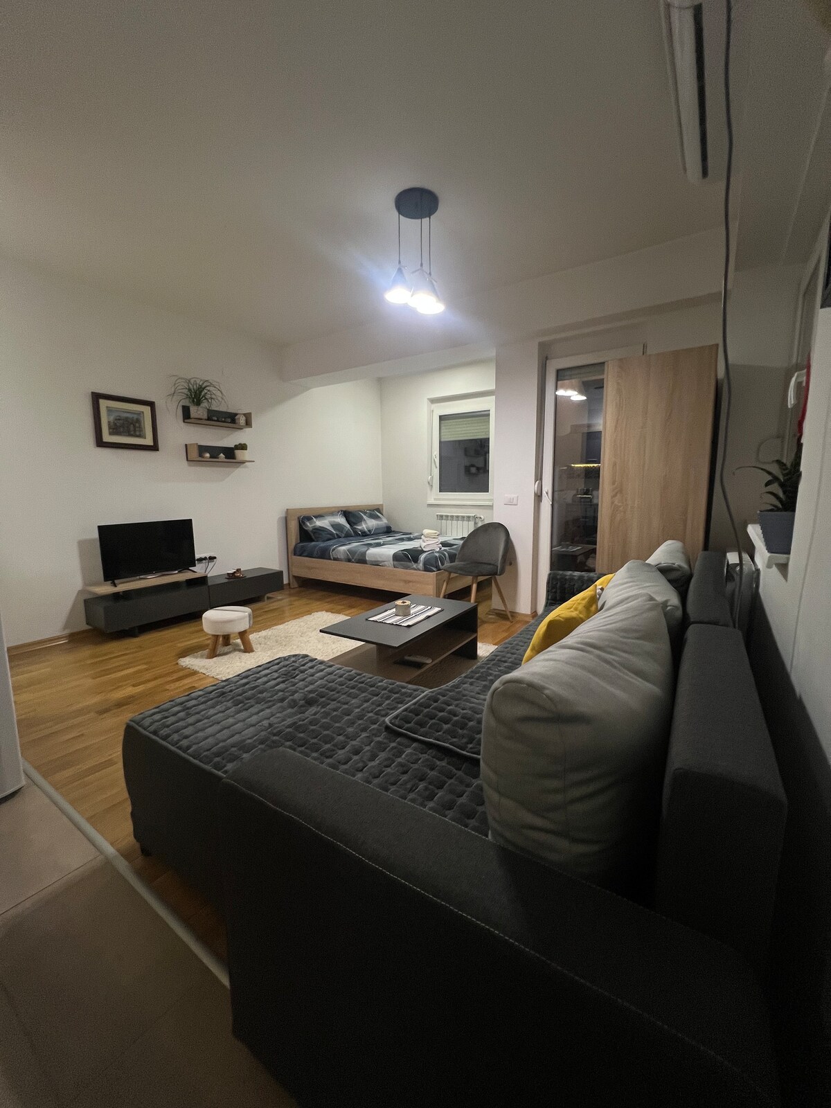 精心设计的单间公寓客厅是一个舒适多功能的空间，将舒适与功能融为一体