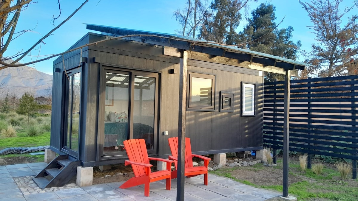 A small black tiny house is situated within a natural landscape, featuring a modern exterior with a slanted roof. Two red chairs are positioned on a stone patio, inviting relaxation while enjoying the outdoor view. Large windows allow for ample natural light.