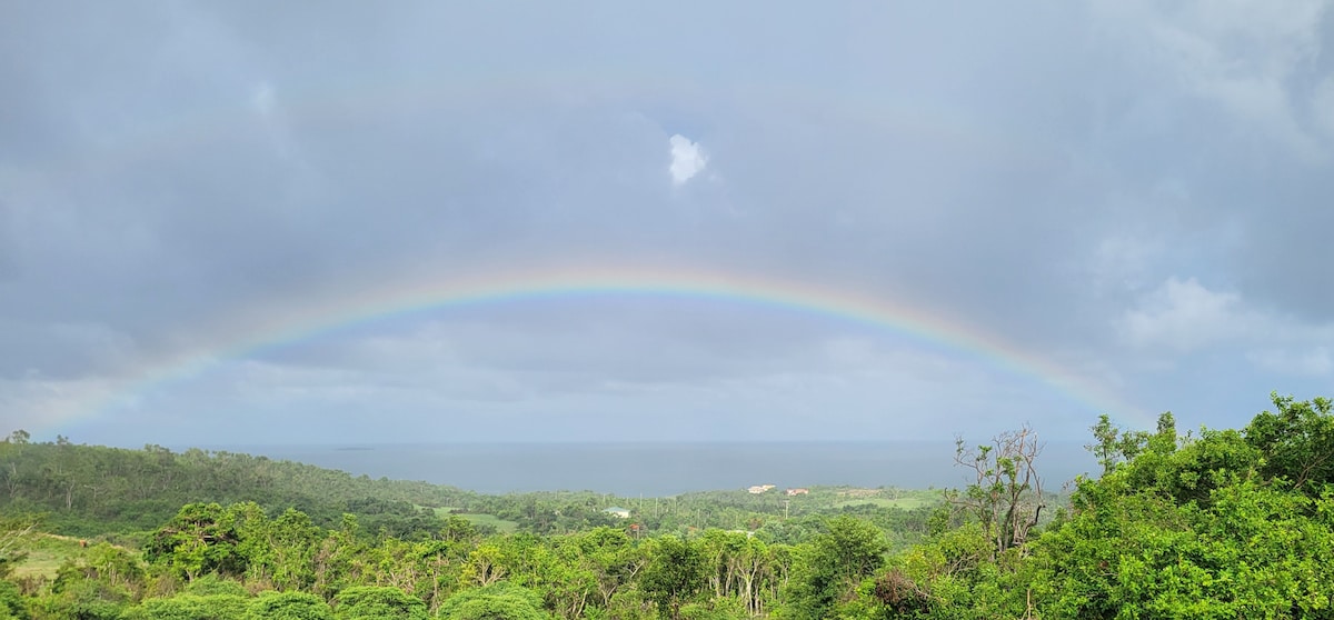 A vivid double rainbow arches across the sky over a lush landscape. The expansive view includes rolling green hills that lead to the ocean, showcasing the vibrant colors of nature against a backdrop of soft clouds.