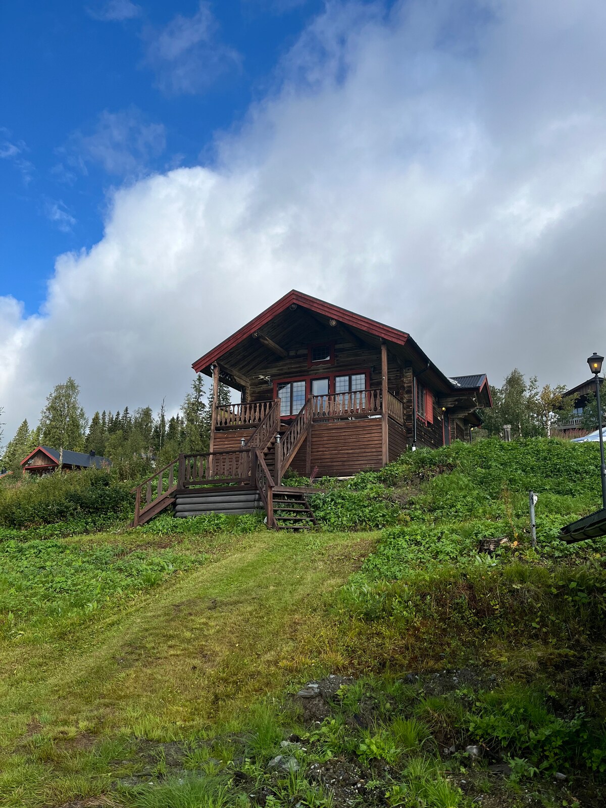 A wooden cabin is set on a grassy slope, surrounded by greenery. Steps lead from the ground to a covered porch, where large windows provide a view of the sky. Clouds drift above a backdrop of trees, highlighting the tranquil setting.