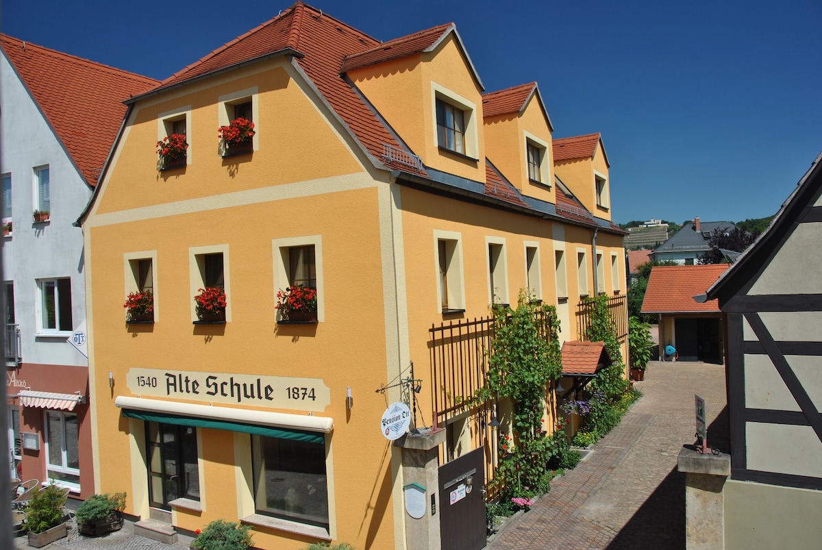 A yellow building with a distinctive symmetrical façade is shown, featuring flower boxes under each window. The structure is marked with a sign reading 'Alte Schule,' with a courtyard visible in front, enhanced by greenery and brick pathways.