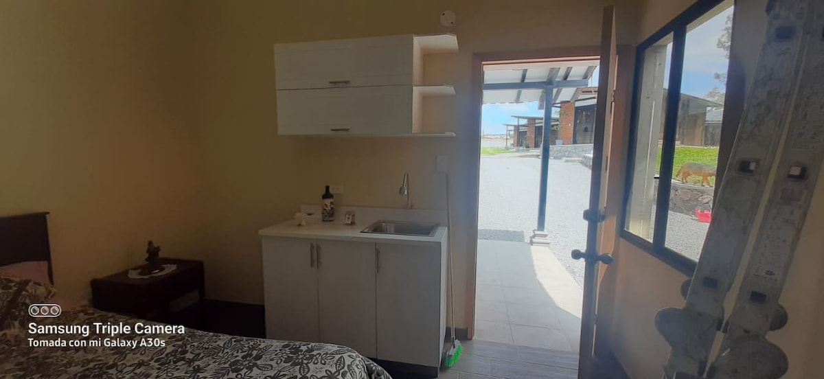 A compact sleeping area is highlighted with a neatly made bed and a nightstand. A small kitchenette is visible, featuring a counter with items arranged for convenience. Natural light floods through the window, offering views of the outdoor pathway and surroundings.