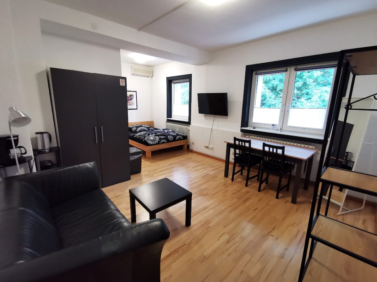 The living space features hardwood flooring and includes a spacious bed with a patterned cover, a black leather sofa, and a glass coffee table. A dining area with four chairs is present, alongside a TV mounted on the wall. Natural light comes through two large windows.