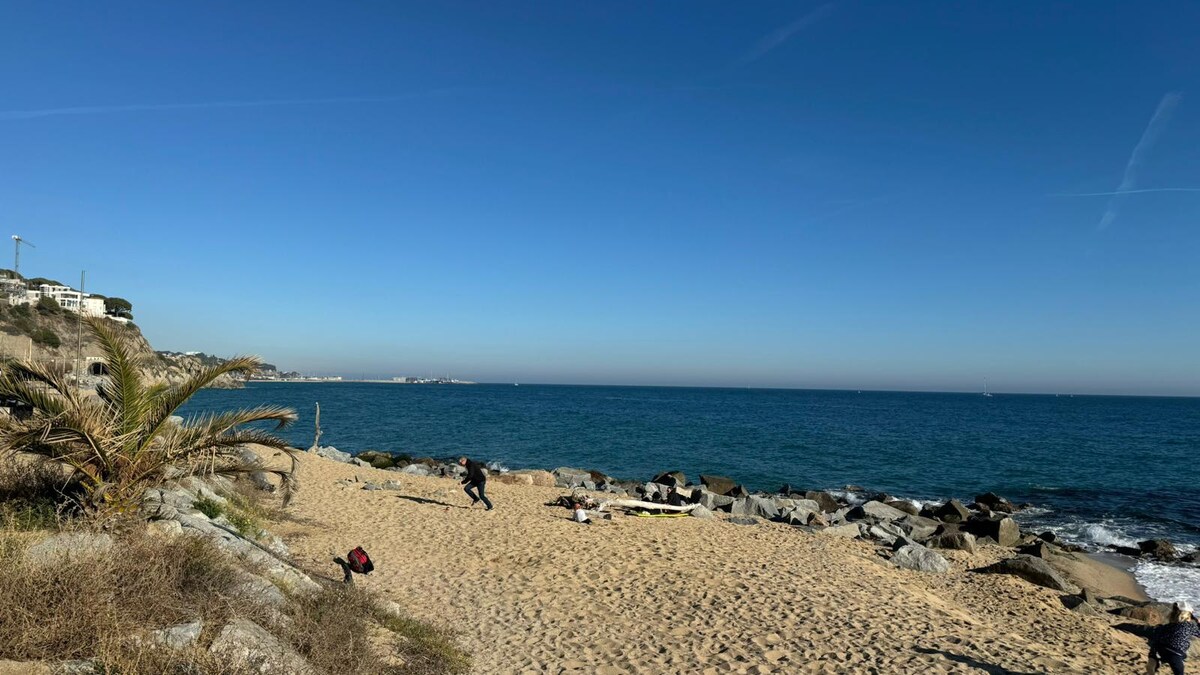 A sandy beach stretches along the coastline, framed by gentle waves lapping at the shore. Rocks and boulders are positioned along the water's edge, while a few people can be seen enjoying the tranquil atmosphere. Palm trees line the edge, enhancing the coastal landscape.