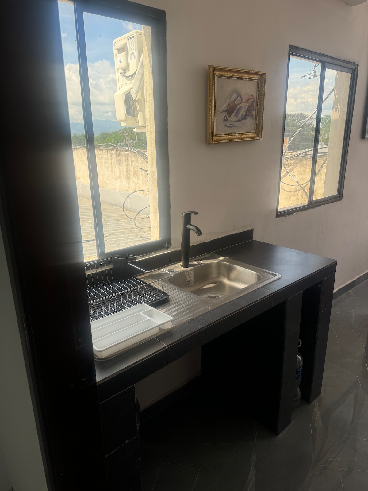 A compact kitchen area is visible, featuring a stainless-steel sink and a modern faucet. The countertop is dark and minimalist. Natural light enters through two windows, offering a view of the outdoor space. A framed art piece adds a decorative touch to the wall.