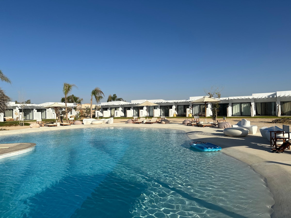A spacious pool area features clear blue water, surrounded by palm trees and lounge seating. Comfortable outdoor furniture is placed beside the pool, with several canopies providing shade. Guest accommodations are visible in the background, designed with light-colored exteriors and large windows.