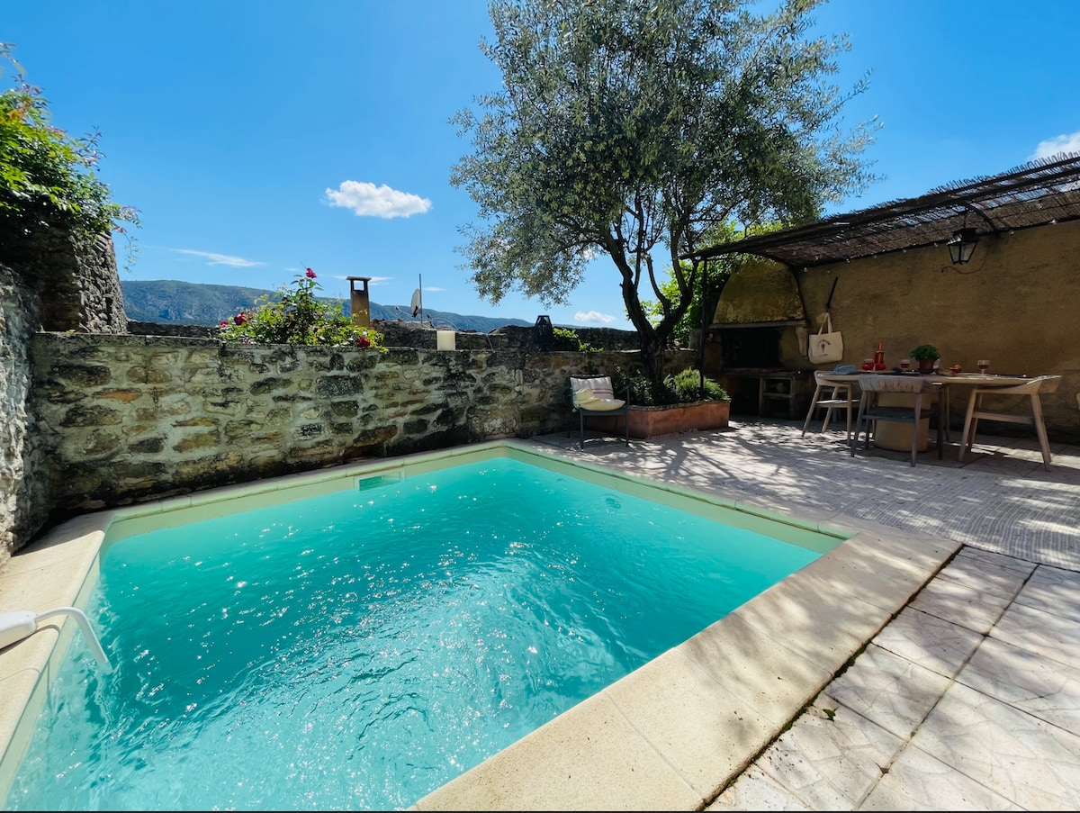 A private outdoor space features a refreshing pool surrounded by stone walls, complemented by green plants and an olive tree. A shaded area with a dining table and chairs offers a space for meals, creating an inviting setting for relaxation.