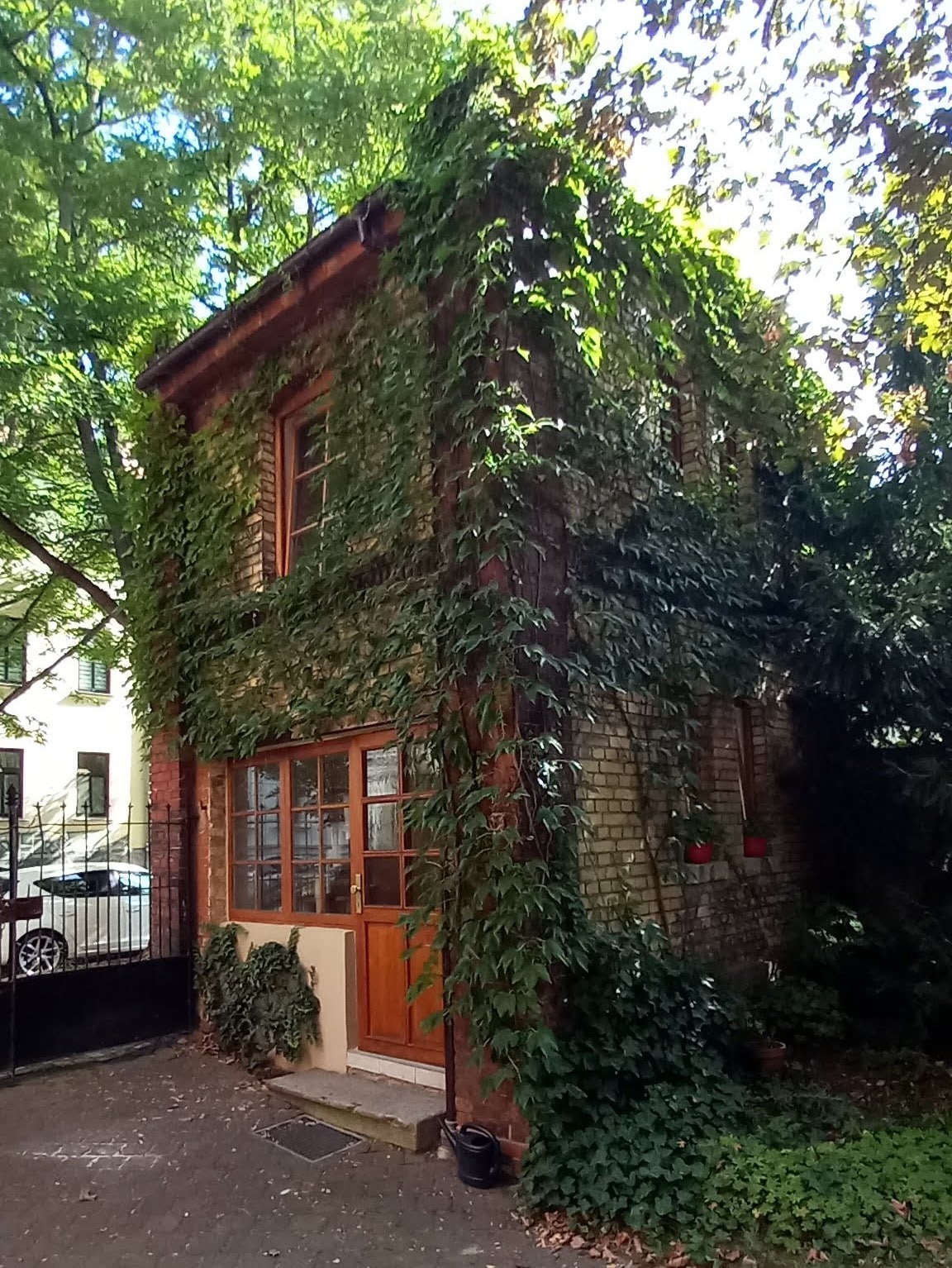 The charming exterior of the tiny house is enveloped in lush green ivy, enhancing its natural surroundings. Large windows allow light to enter, while a wooden door invites guests inside. The building's unique architecture is complemented by the surrounding trees, creating a serene setting.