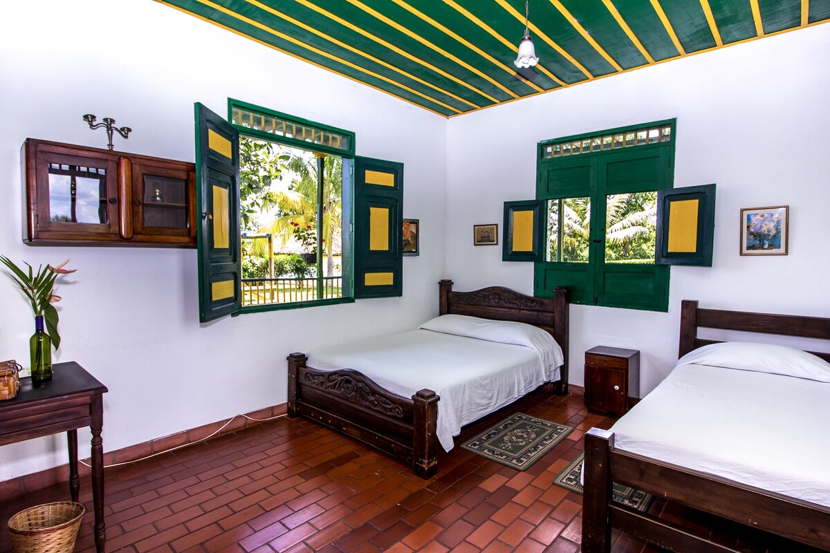 A room features two spacious beds with wooden frames, positioned against white walls. Bright green and yellow accents are present in the window shutters and ceiling. Open windows allow natural light and fresh air, while a wooden cabinet and a small bedside table complete the decor.