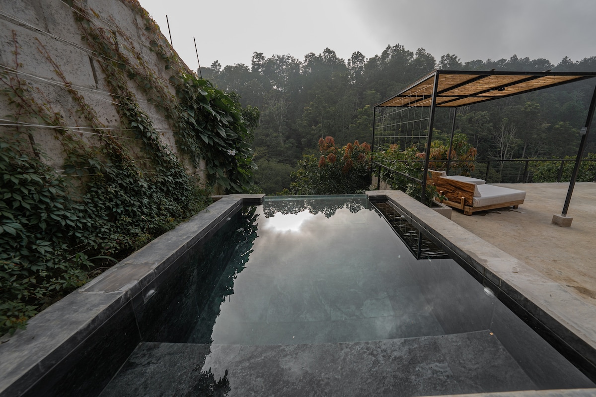 An infinity pool is situated on a terrace, reflecting the surrounding greenery and misty mountains. A wooden lounge bed rests nearby under a canopy, offering a serene area for relaxation amidst nature.