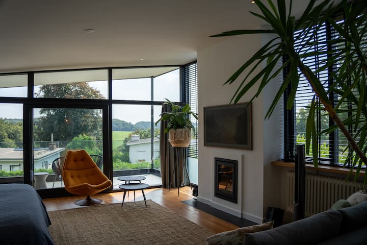 Всекидневната/спалнята има красива гледка и плъзгаща се врата към балкона, нова вградена камина, смарт телевизор и много други екстри. 