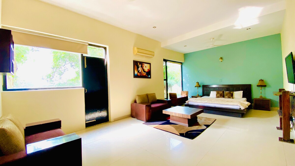 A spacious living area features a large bed positioned against a light blue wall. Two brown sofas and a coffee table are arranged on a patterned rug. Natural light fills the room through multiple windows, enhancing the overall brightness and openness.