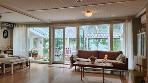 Bright summer apartment by the beach. Cottage by the lake.