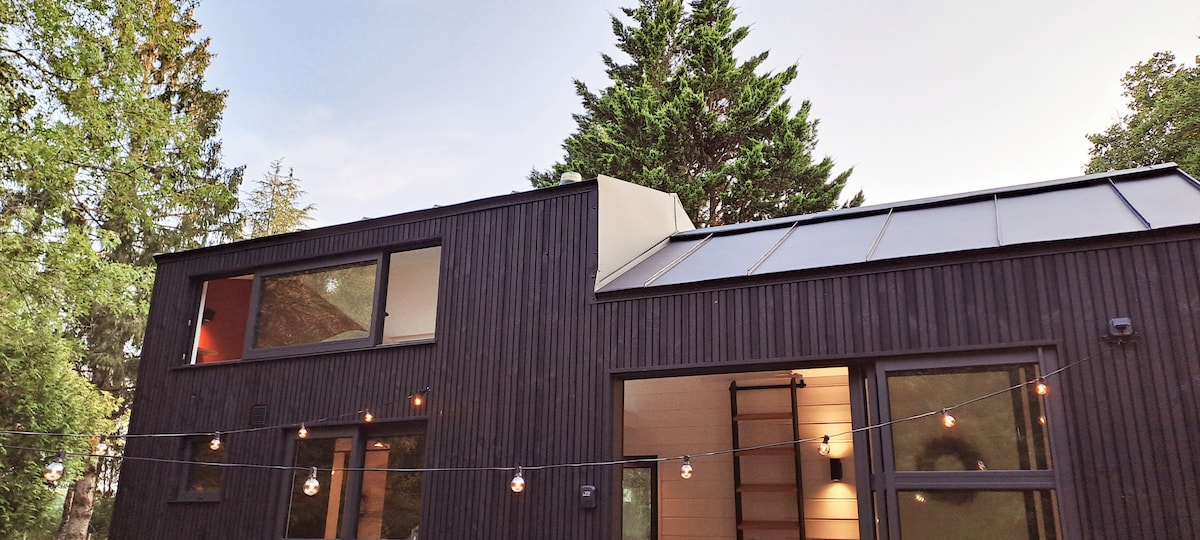The exterior of the tiny house features a modern black wooden facade, two large windows, and a slanted roof with skylights. A string of warm lights adds a soft glow. Lush trees surround the property, creating a serene natural setting.