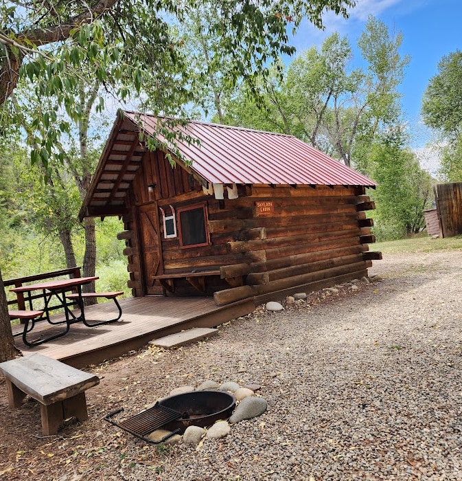 A rustic log cabin is positioned among trees, featuring a red metal roof and inviting porch. A picnic table is situated nearby, along with a gravel path leading to a fire pit surrounded by smooth stones, creating a natural gathering space.