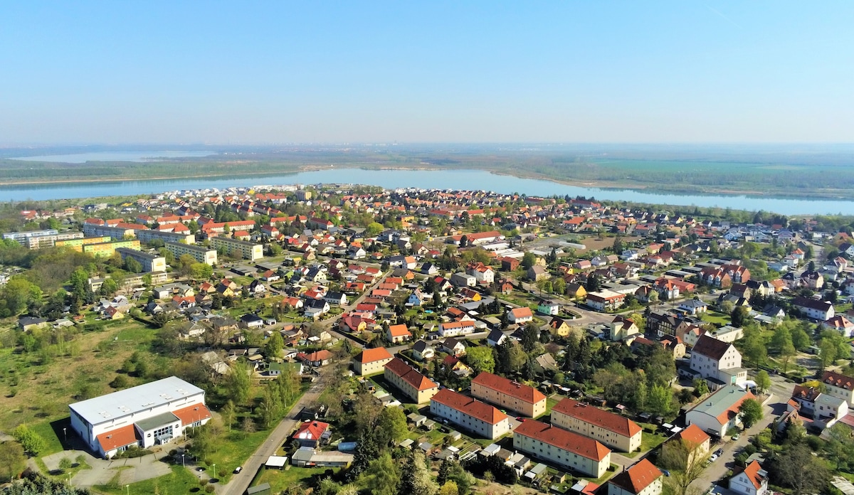 An aerial view captures a sprawling residential area, featuring a mix of single-family homes and multi-unit buildings. The surrounding landscape includes green patches and a large body of water, reflecting the clear blue sky. This serene environment is enhanced by nearby nature.