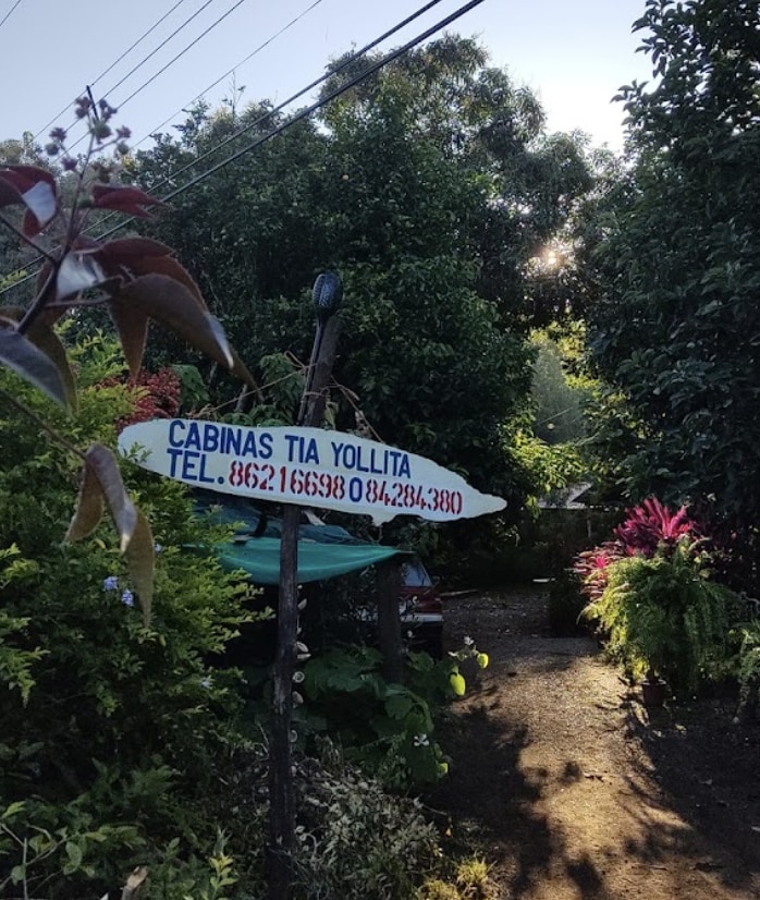 A welcoming sign for 'Cabinas Tia Yollita' is positioned among lush greenery and vibrant plants, creating a natural entrance. The surrounding foliage suggests a tranquil and inviting atmosphere, while the sunlight filters through, illuminating the path ahead.