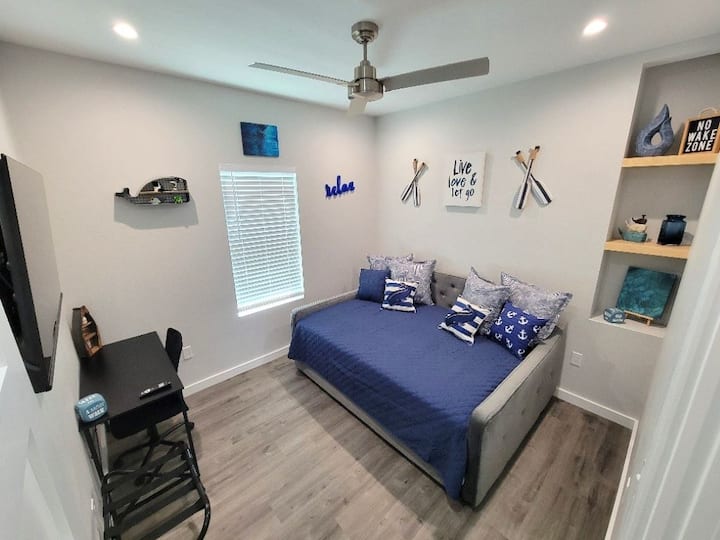 Full-Size Bed, Pull Out Twin Bed (on rollers) Desk & Chair - Whale Room