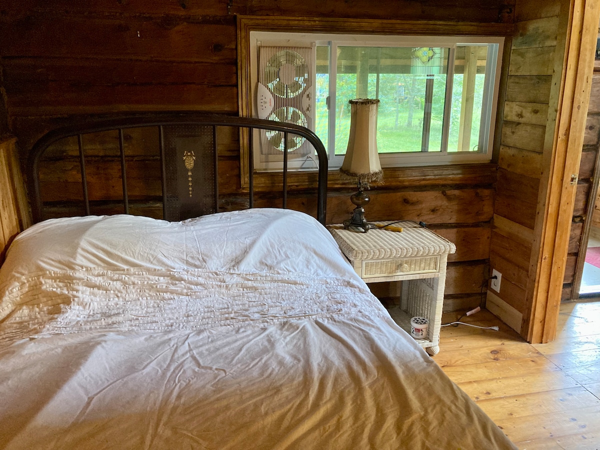 A cozy sleeping area features a spacious bed with white bedding and a bedside table with a lamp. Natural light enters through a large window, which offers views of the surrounding greenery. The walls are adorned with rustic wooden panels, enhancing the cabin's charm.