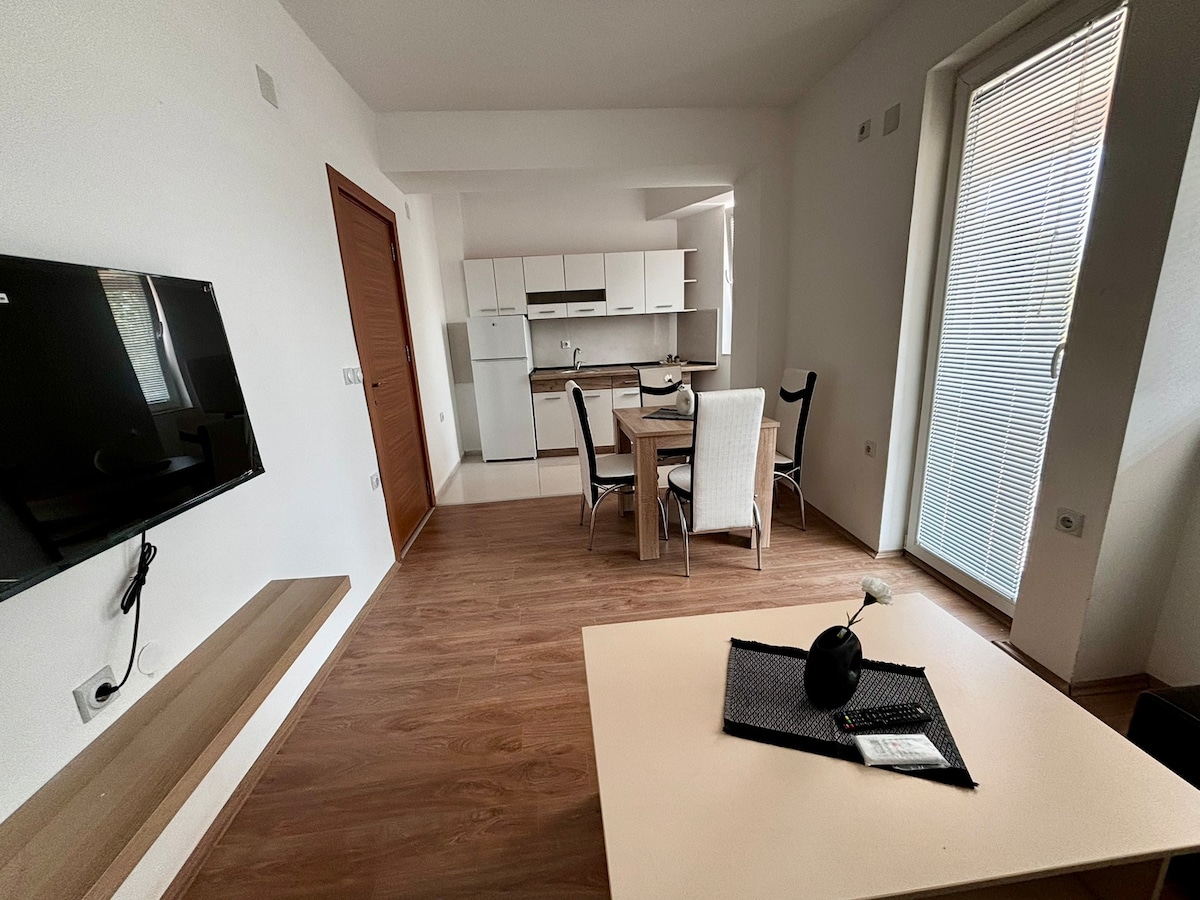 A modern living area features a light wooden floor and white walls. A dining table with six chairs is positioned next to a well-equipped kitchen, visible in the background. A television is mounted on the wall, and a door leads to a balcony with natural light streaming in.