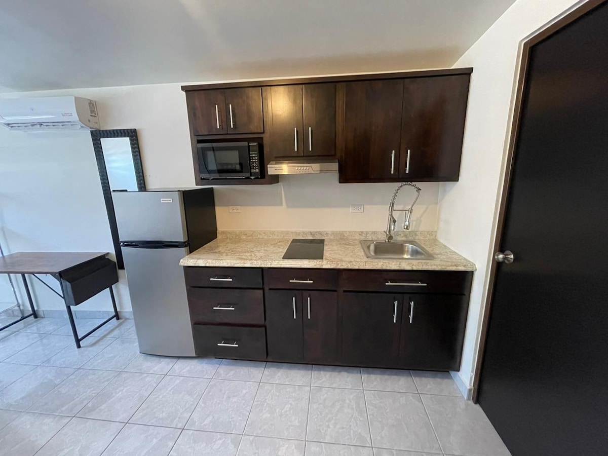A compact kitchen area features dark wood cabinetry and a light granite countertop. Essential appliances, including a microwave and a refrigerator, are present. A sink and a stovetop are integrated into the design, providing convenience for meal preparation in the cozy studio space.