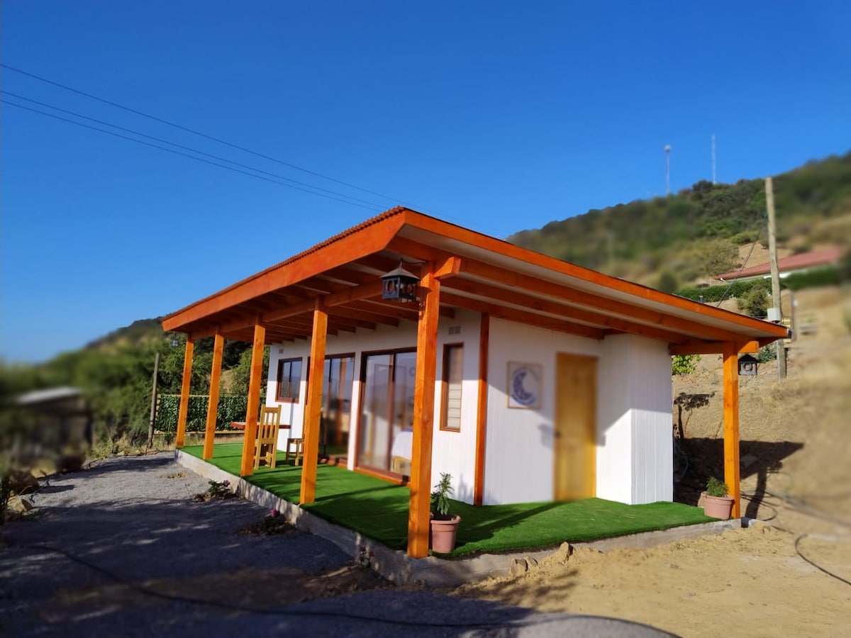 A single-story cabin features an overhanging roof and vibrant orange accents. The exterior is complemented by large glass doors and windows, allowing natural light inside. A carpet of green grass and potted plants surround the cabin, set against a background of rolling hills.