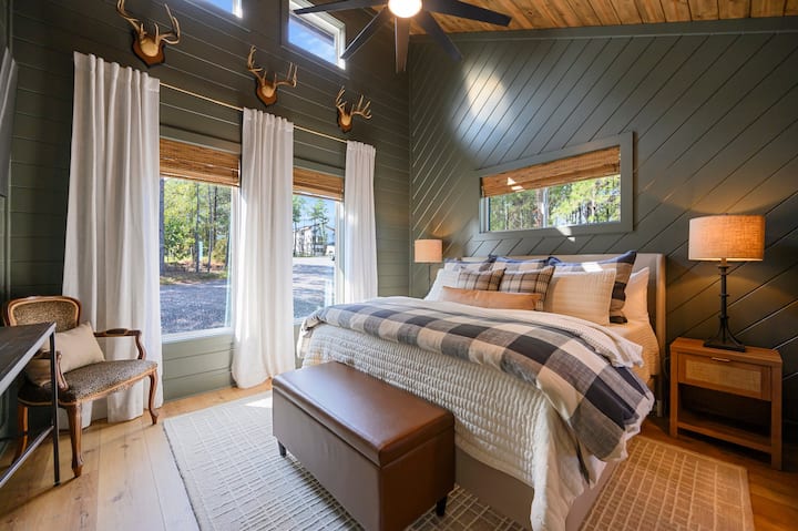 King bed #2 with mattress topper, cozy and comfortable designer bedding.